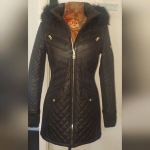 Michael Kors Black Quilted Puffer Jacket Detachable Fur Hood